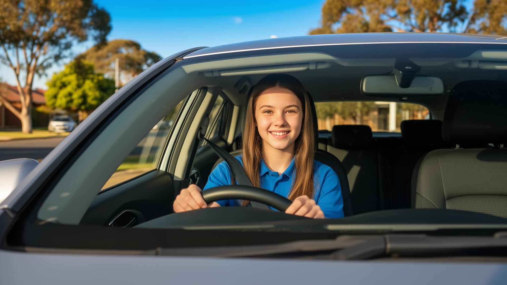 Young learner driver confidently behind the wheel